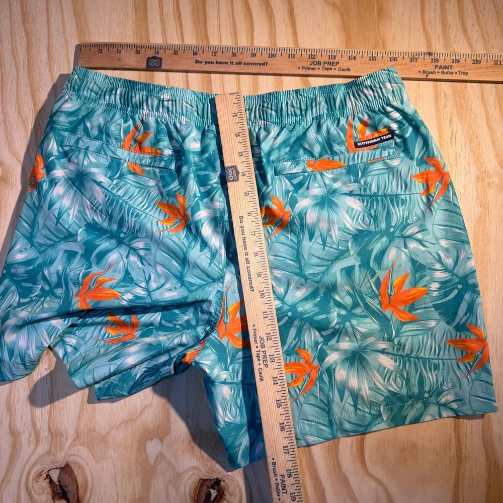 Southern Tide Men's Monstera Palm Swim Trunks Teal Orange Tropical Print Size L